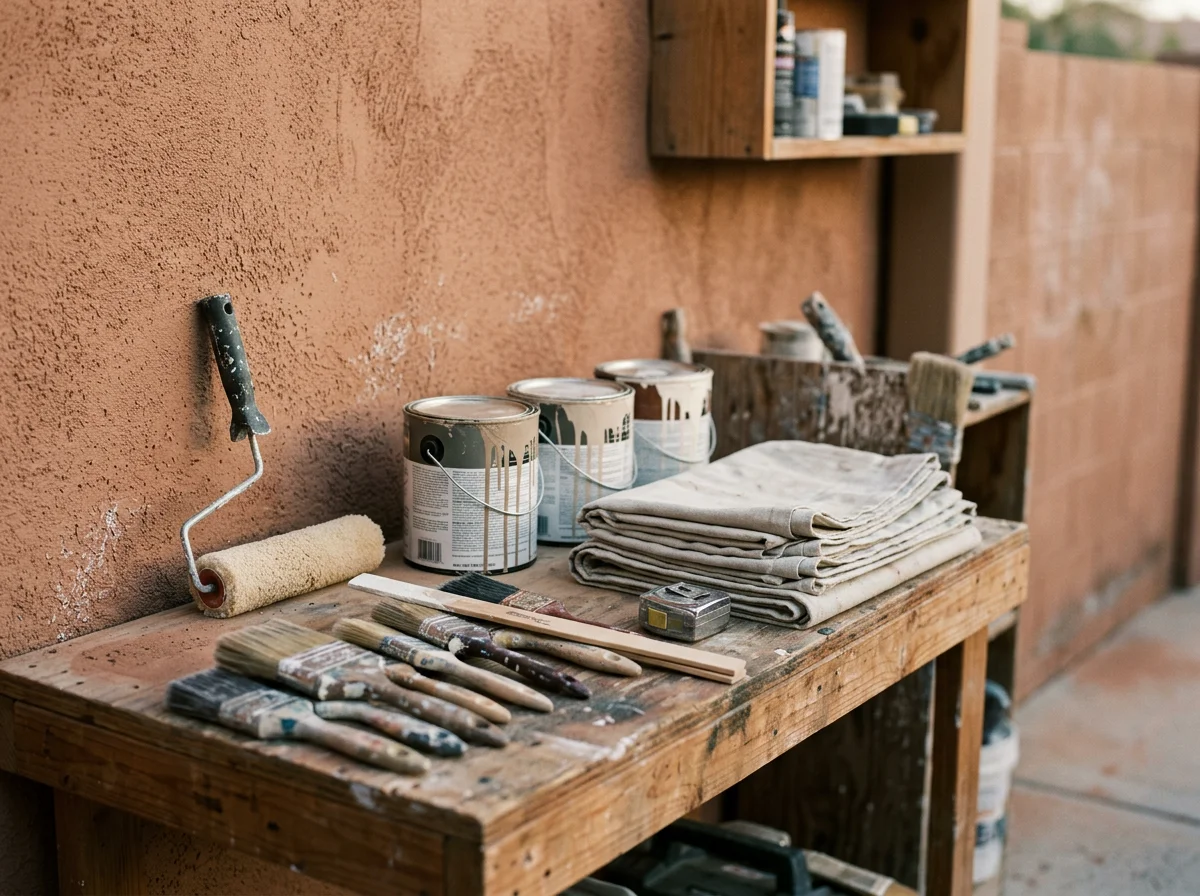 Painting tools and supplies arranged for a job, including brushes, rollers, and paint cans. The scene reflects the equipment a crew uses on residential and commercial projects.