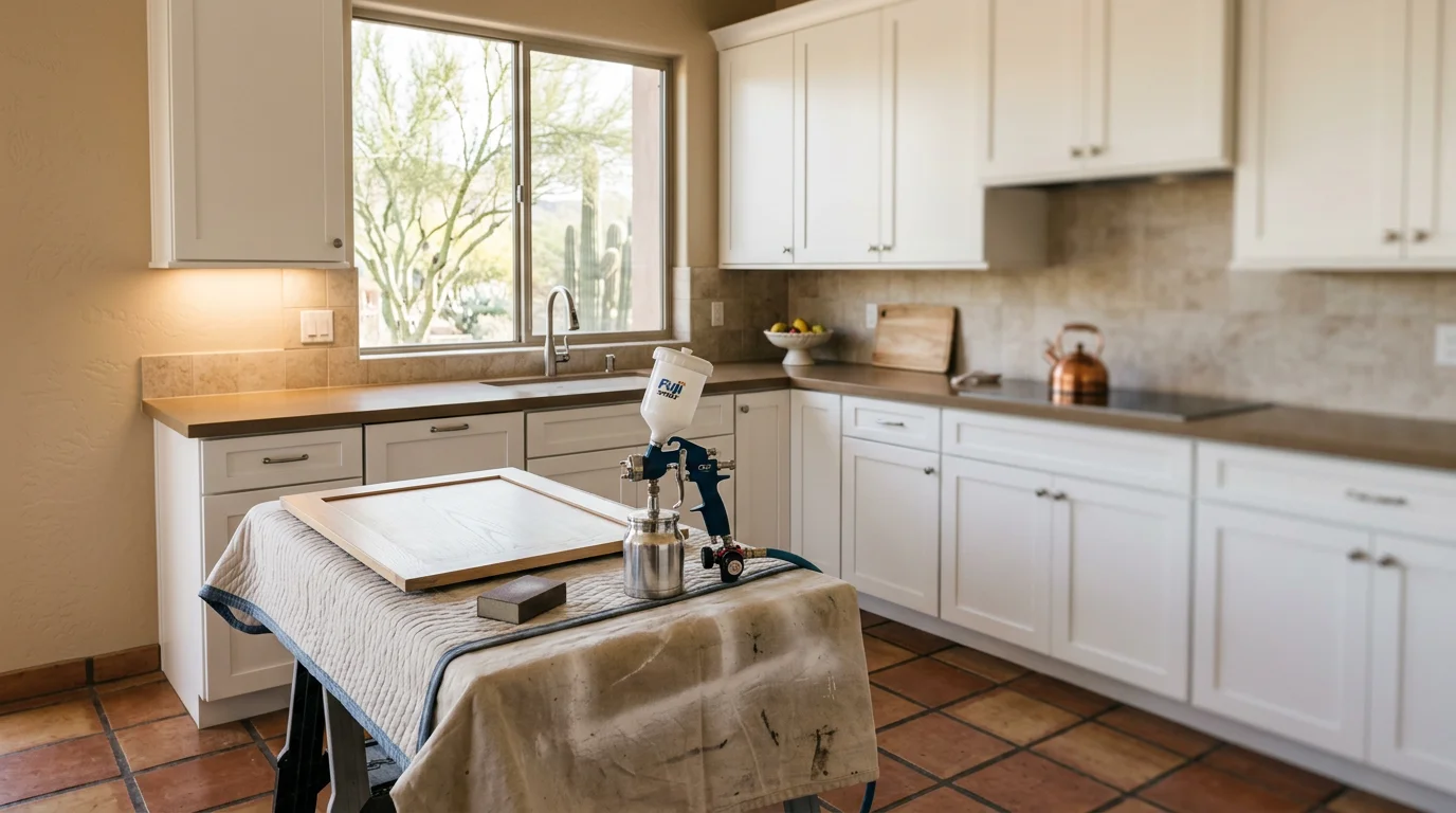 Freshly painted white kitchen cabinets in a Scottsdale, Arizona home