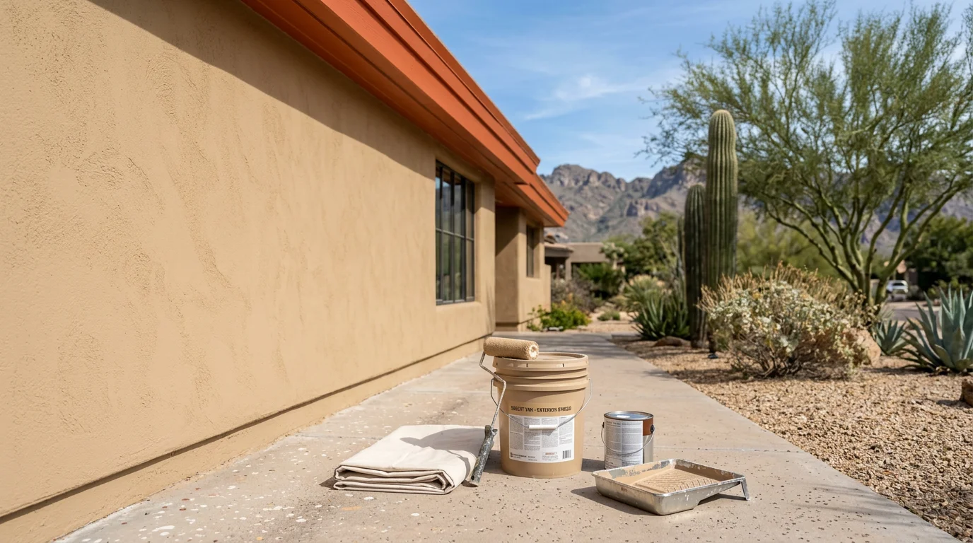 Painter applying exterior paint to a stucco home in Scottsdale, Arizona