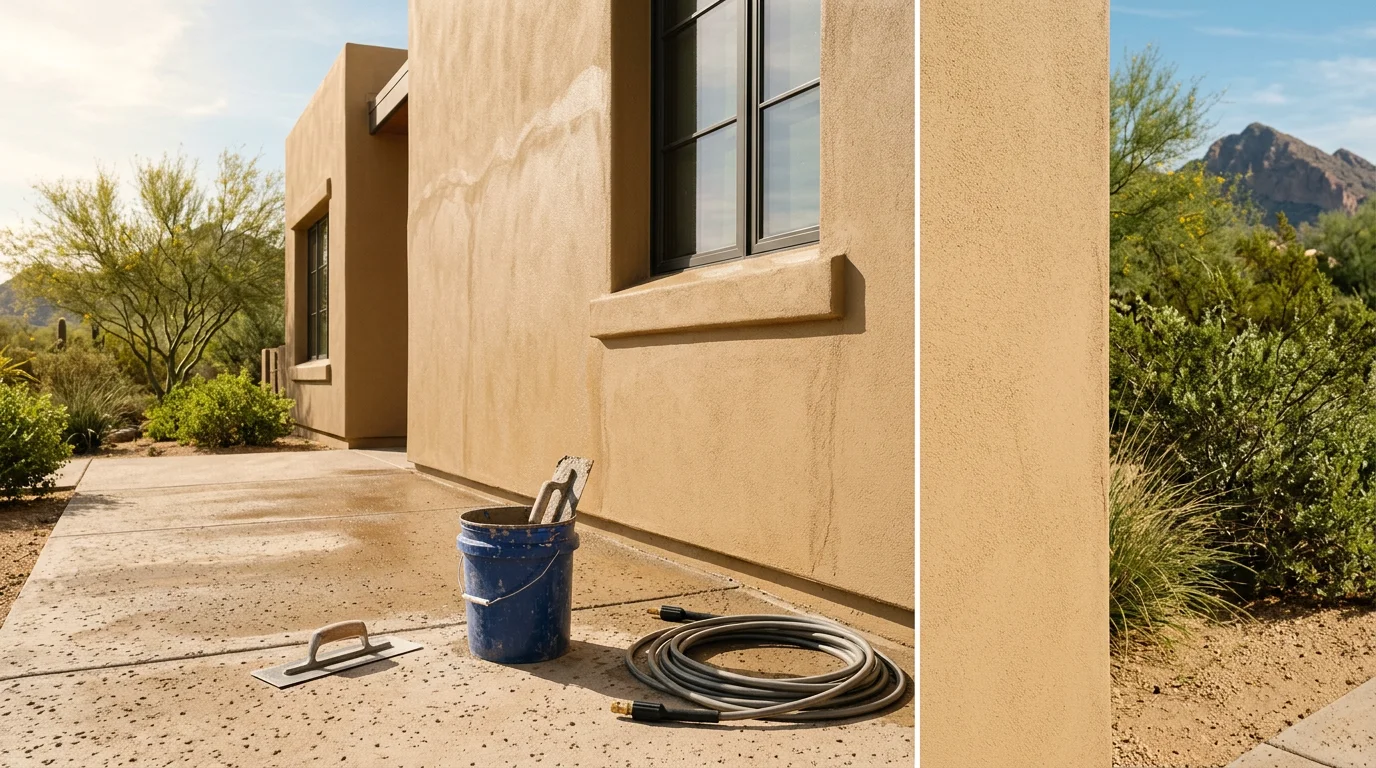 Crew member repairing cracked stucco on an exterior wall of a Phoenix home