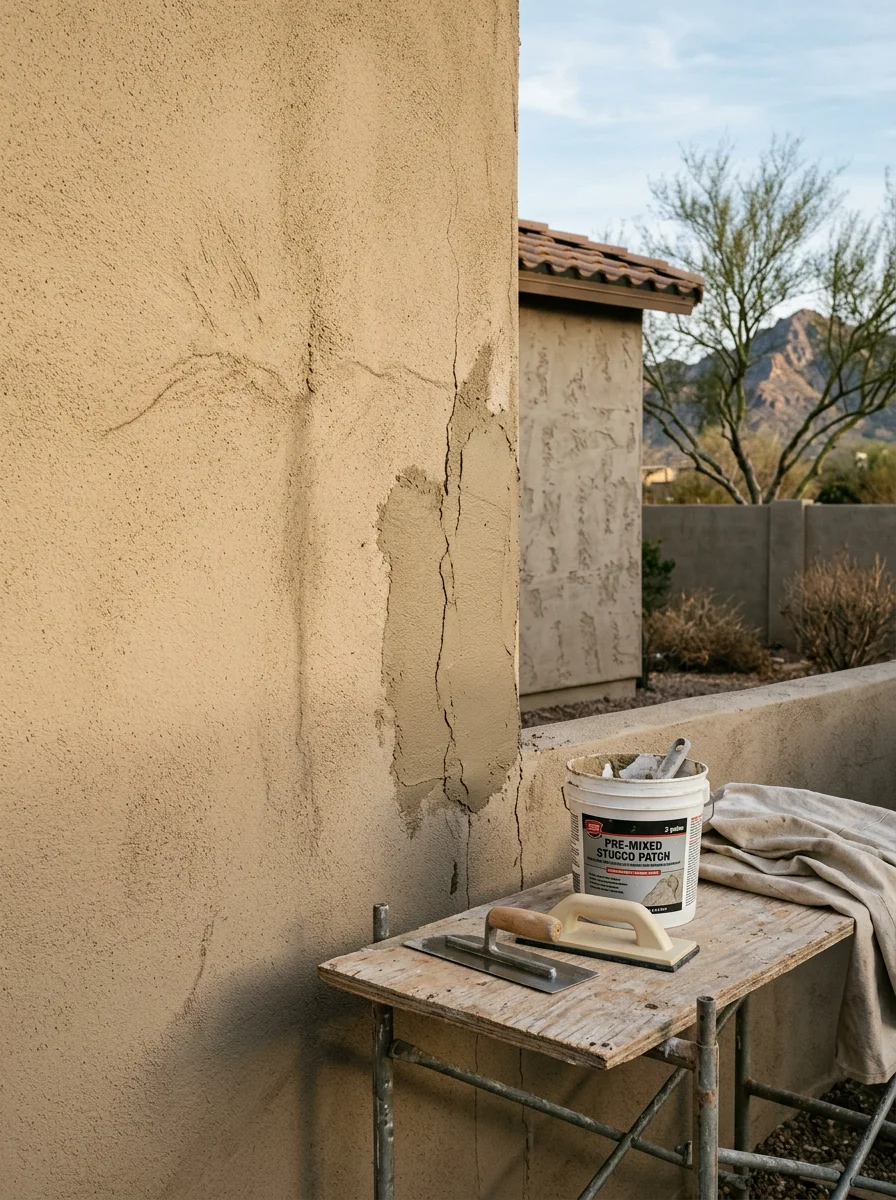 Painter applying stucco crack repair to an exterior wall in Buckeye, Arizona