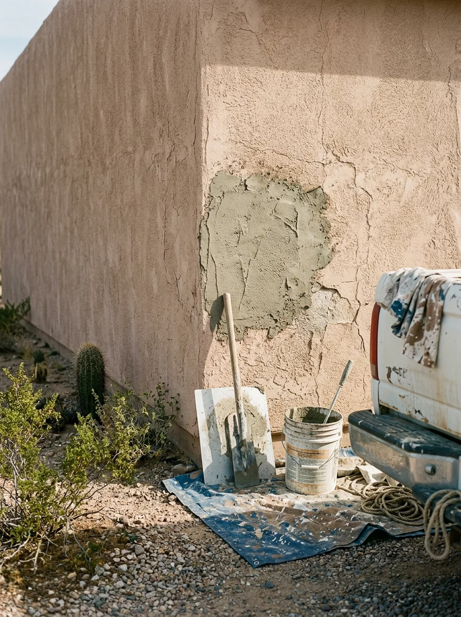 Crew applying stucco crack repair on a desert home wall in Casa Grande, Arizona