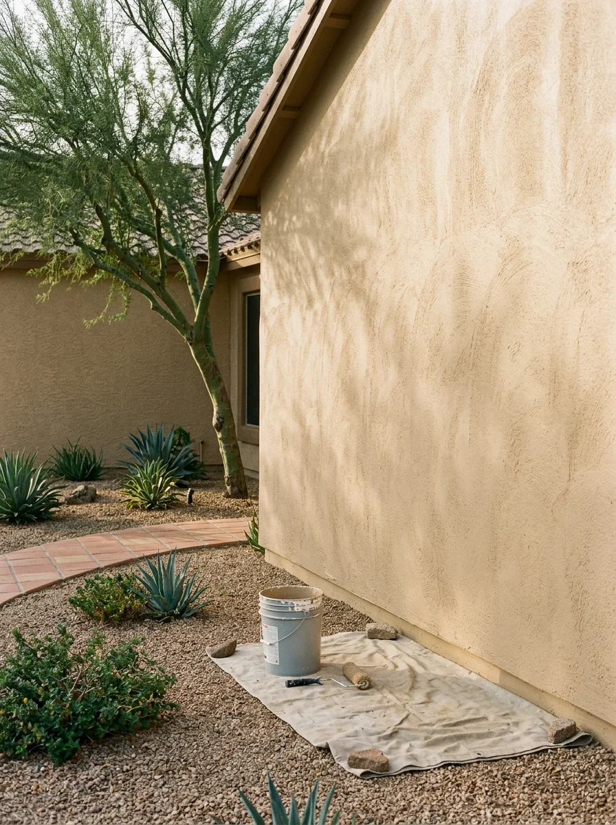 Painter applying coating to a stucco exterior wall in Chandler, Arizona