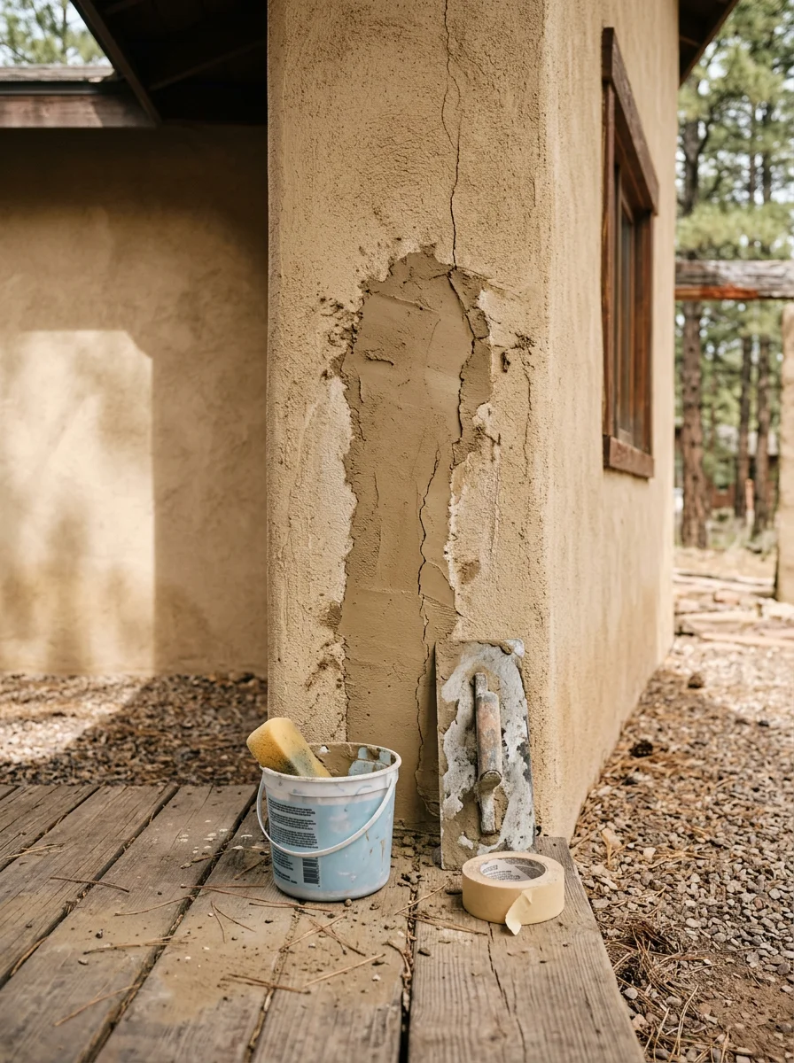 Close-up of stucco crack repair on an exterior wall in Flagstaff, Arizona