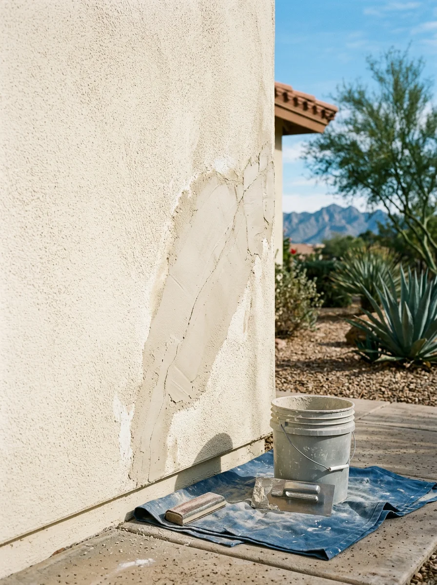 Stucco crack repair in progress on a Fountain Hills home exterior, showing patched surface ready for primer before the topcoat is applied.
