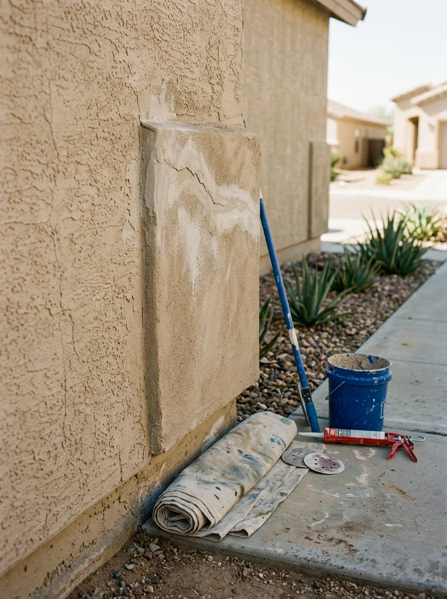 Close-up of stucco crack repair on a Glendale home exterior, with patched and sanded surface ready for elastomeric primer before repainting.