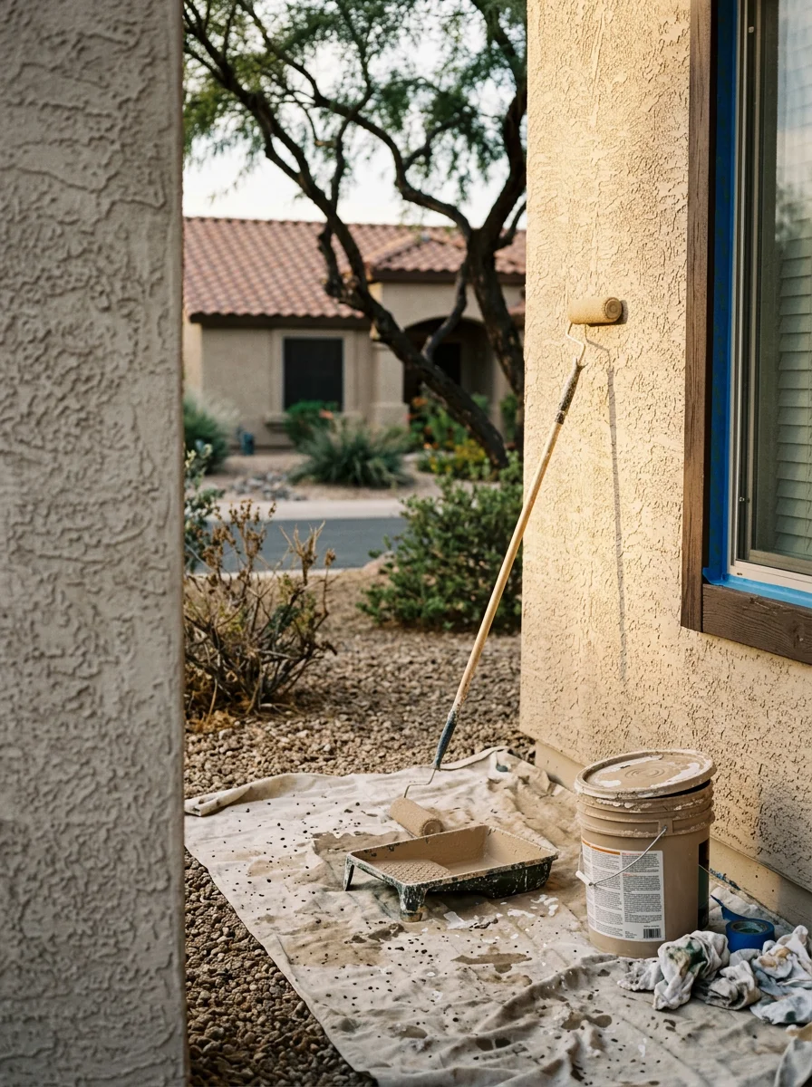 Painter applying coating to stucco wall at a Litchfield Park residence