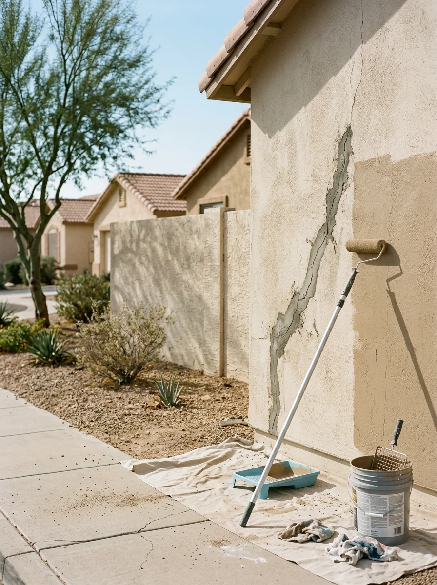Painter applying coating to a stucco wall with crack repair in a Mesa, Arizona neighborhood