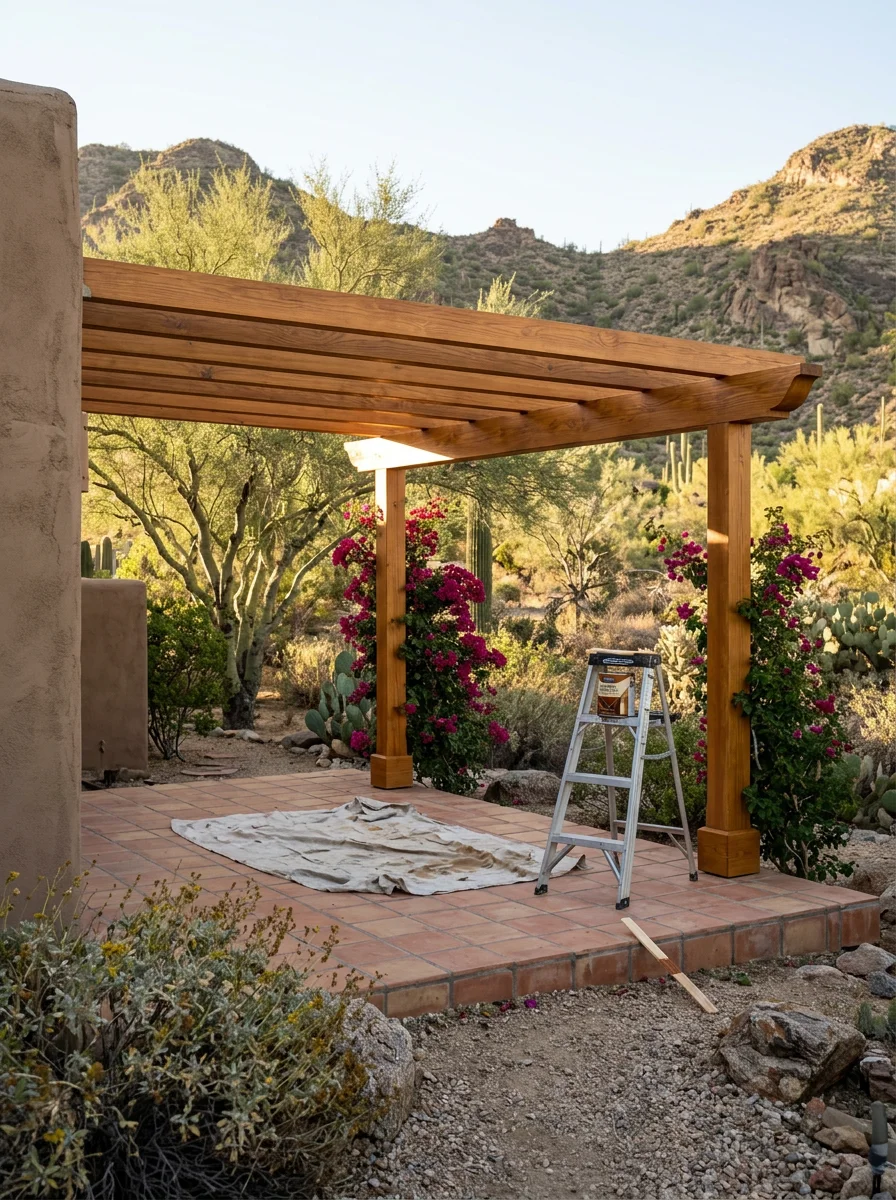 Close-up of freshly stained wood pergola on a Paradise Valley property showing restored grain and even finish after UV damage repair.