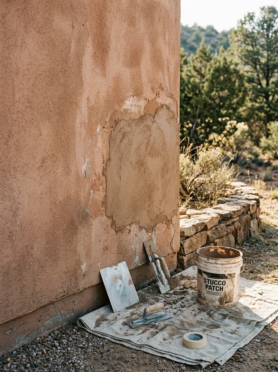 Painter applying stucco repair coating to an exterior wall in Payson, Arizona