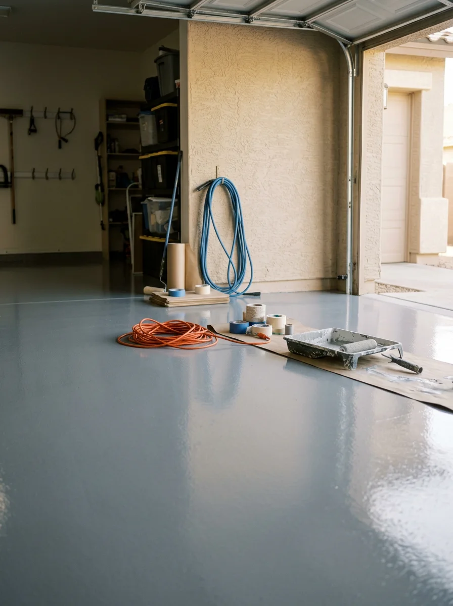 Freshly applied epoxy floor coating in a Peoria garage showing smooth, glossy finish on prepared concrete surface.