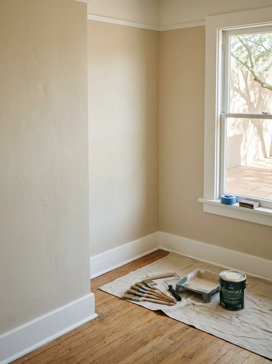 Freshly painted interior living room in a Central Phoenix bungalow showing smooth drywall repairs and clean trim lines after full repaint.