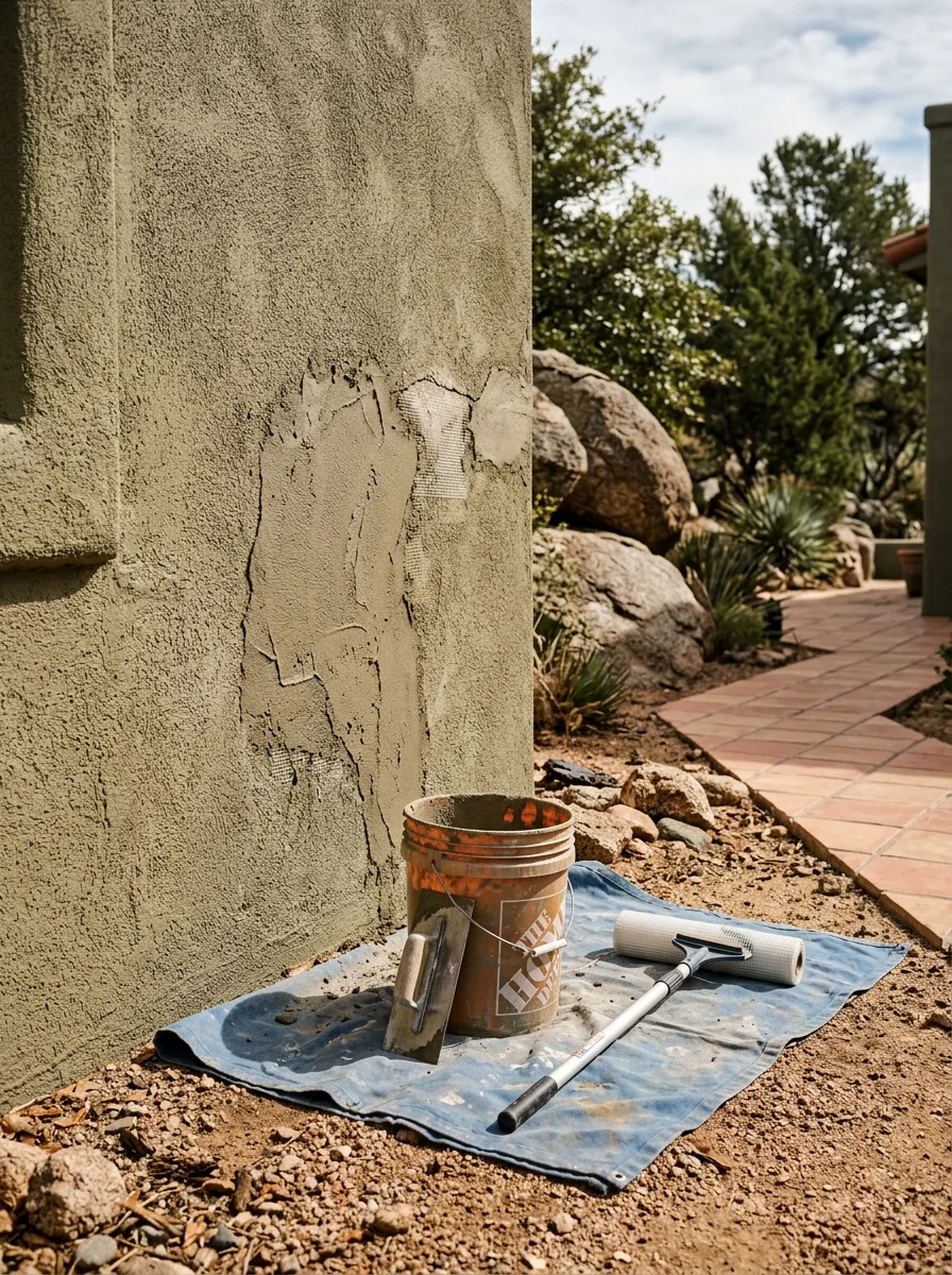 Crew applying stucco crack repair on a Prescott, AZ home exterior