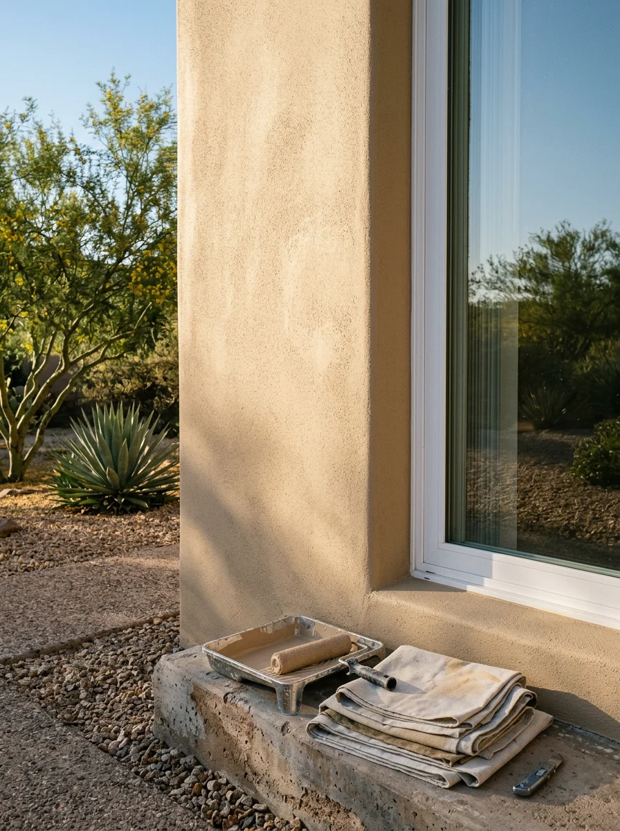 Close-up of freshly painted stucco wall on a Scottsdale home showing smooth finish and clean trim lines after crack repair and priming.