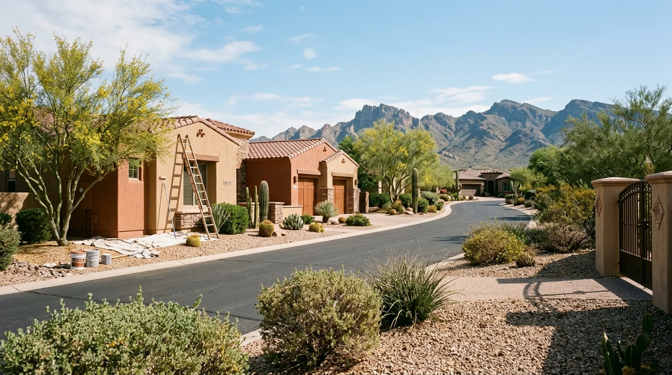 Painter applying exterior acrylic latex paint to a stucco home in a North Scottsdale gated community, with desert mountain views in the background.
