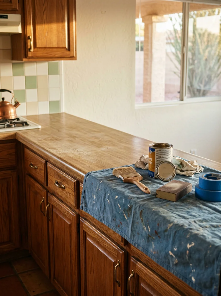Refinished wood kitchen cabinets in a Sun City, Arizona home