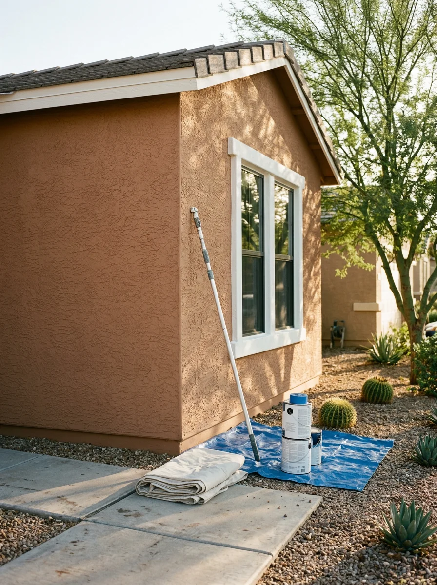 Freshly painted stucco exterior on a Surprise home in Marley Park showing clean trim lines and even color on south-facing wall after full prep and repaint.