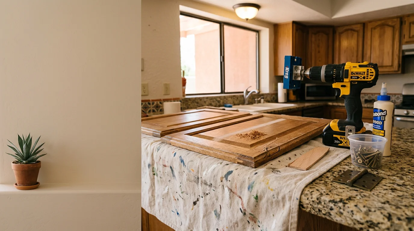 A repaired kitchen cabinet door in a Scottsdale home, hanging flush and even with neighboring doors after hinge and surface repair. Close-up view shows clean alignment and a smooth finish consistent with the surrounding cabinetry.