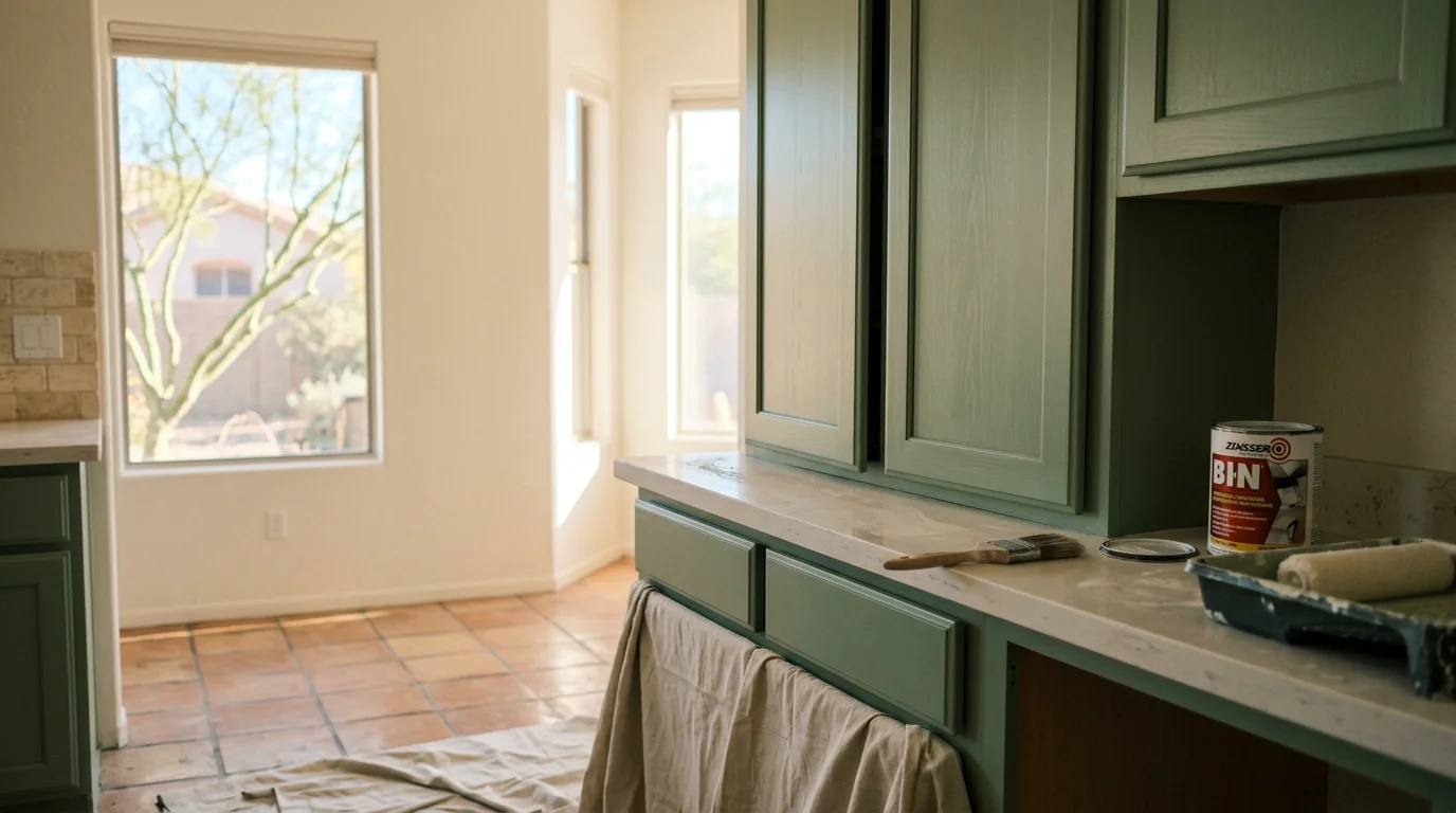 Freshly painted kitchen cabinets in a Scottsdale home showing a smooth, even finish in a warm neutral tone. The open-plan kitchen features updated cabinet doors with clean lines suited to Arizona's bright natural light.