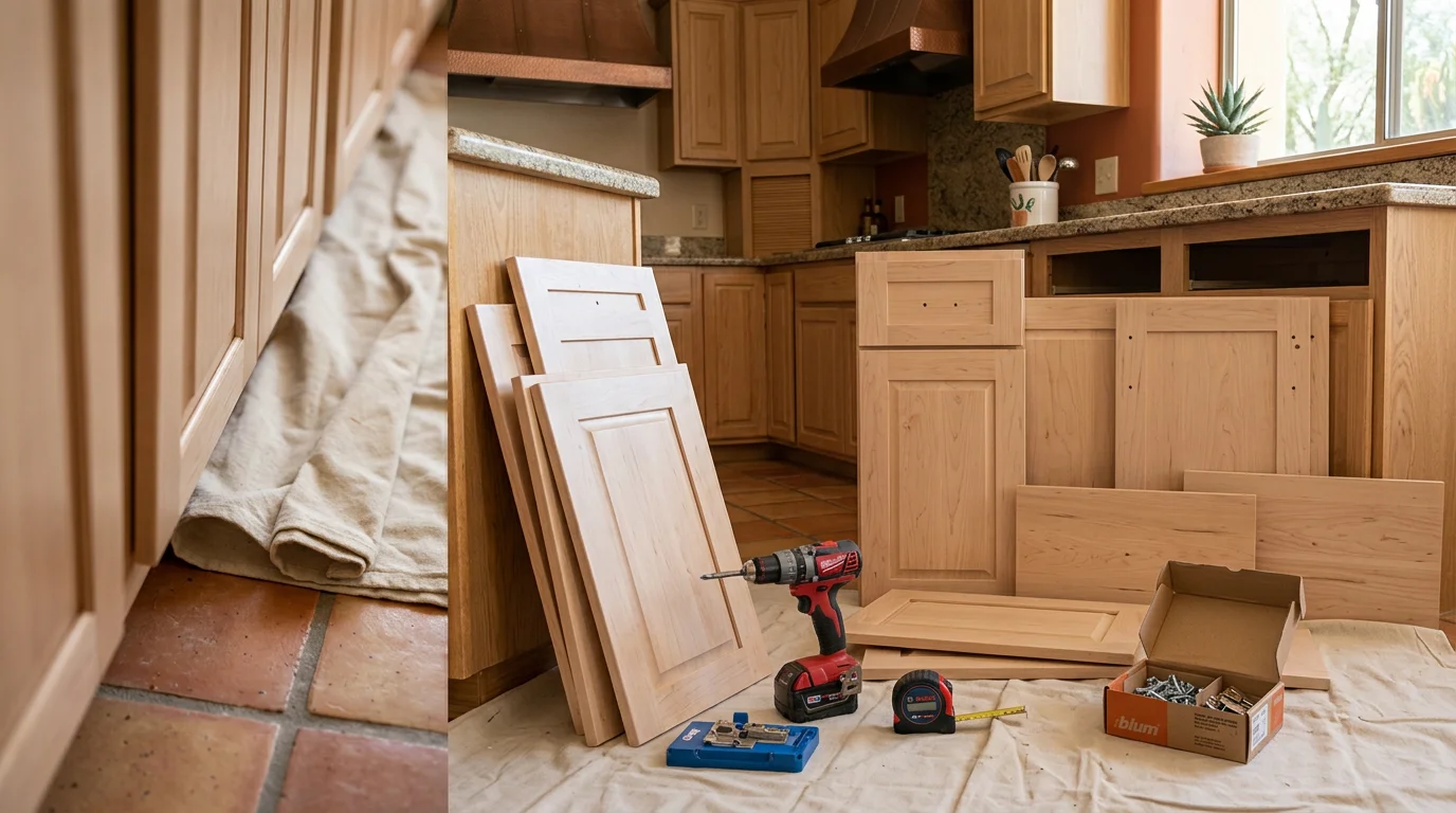 Refaced kitchen cabinets in a Scottsdale, Arizona home showing new flat-panel doors, updated drawer fronts, and fresh veneer on the cabinet frames. Hardware has been replaced with brushed metal pulls against a light wood finish.