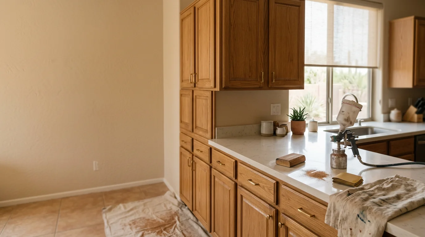 Freshly refinished white kitchen cabinets with a smooth, spray-applied finish in a Scottsdale, Arizona home. Close-up view shows clean door edges and consistent sheen across cabinet frames and drawer fronts.