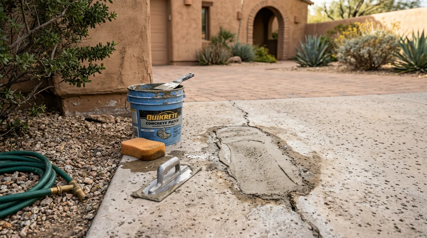 Close-up of a freshly patched cement walkway at a Scottsdale, Arizona residential property. The repaired surface shows a smooth, even finish that blends with the surrounding cement.