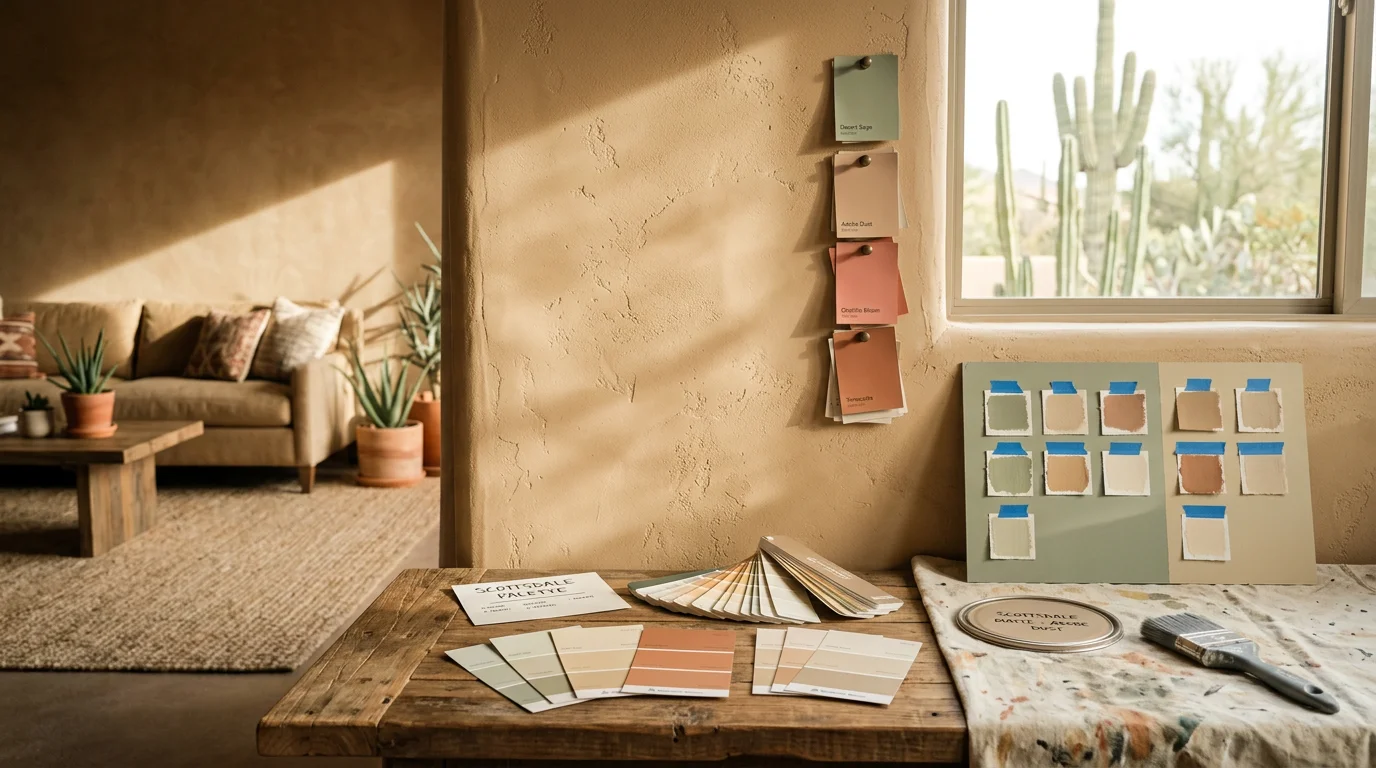 A Scottsdale, Arizona home exterior with a freshly painted stucco facade in a warm desert neutral tone, surrounded by native desert landscaping. A color consulting session in progress, with paint swatches held against the exterior wall in bright Arizona sunlight.