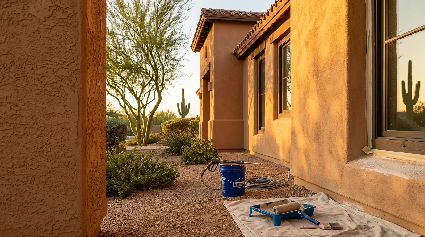 Commercial painter applying UV-resistant exterior coating to a stucco office building exterior in Scottsdale, Arizona. Finished surface shows clean, even coverage on a sun-exposed west-facing wall.