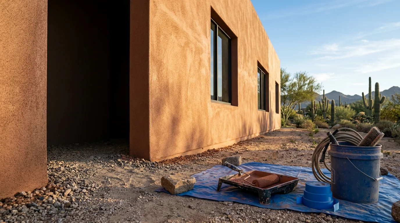 Exterior of a freshly painted commercial office building in Scottsdale, Arizona, showing clean stucco walls and crisp trim under bright desert sunlight. A Bratcher Custom Painting LLC crew completes final detail work on the building facade.