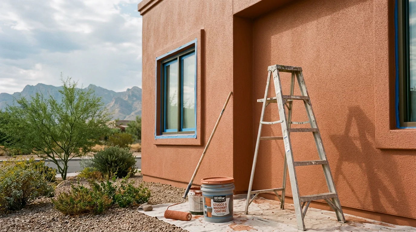 Freshly painted commercial building exterior in Scottsdale, Arizona, showing uniform coating applied over stucco walls in an earth-tone color under bright desert sunlight. The facade is clean and even, with sharp trim lines along the roofline and entry.