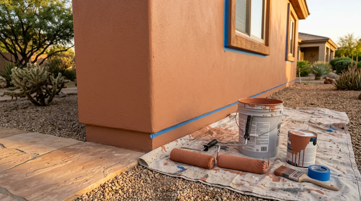 Freshly repainted single-story stucco home exterior in Scottsdale, Arizona, with clean trim lines and an even desert-tone finish. The interior living room behind open glass doors shows smooth, uniformly painted walls in a coordinating neutral color.