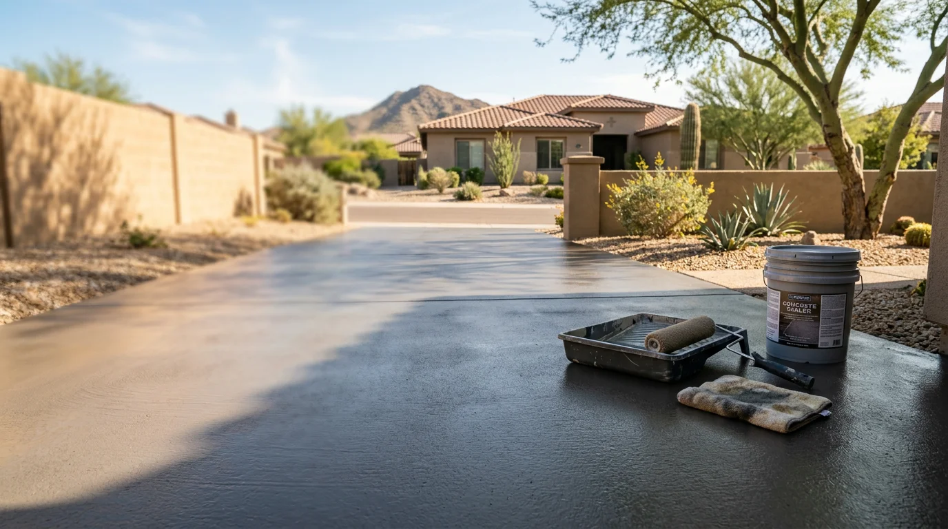 A freshly coated concrete patio in Scottsdale, Arizona showing a smooth, sealed surface with consistent color under bright desert sunlight. The finished area adjoins a residential outdoor living space typical of homes across the Scottsdale and Paradise Valley area.