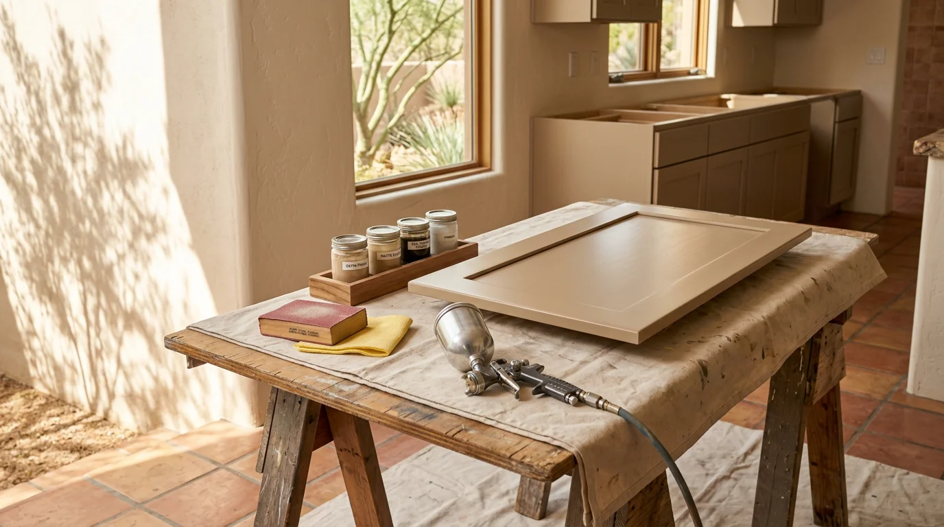 Close-up of freshly finished custom cabinet doors in a Scottsdale kitchen, showing smooth, even coverage in a warm neutral tone. Natural desert light from a nearby window highlights the clean sheen and crisp edges of the finish work.