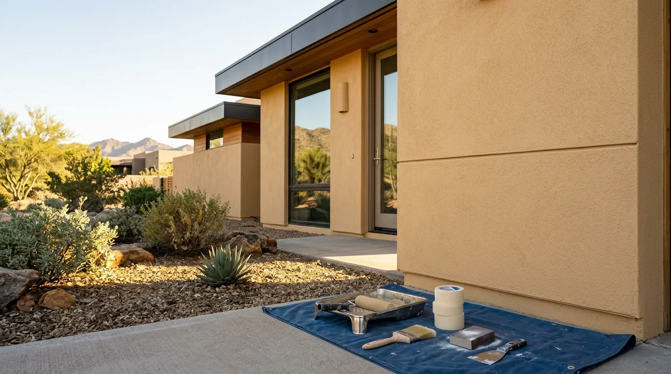 Exterior of a custom stucco home in Scottsdale, Arizona with a freshly painted desert-tone facade and crisp trim detail. The finish shows smooth, even coverage across a large sun-facing elevation typical of Scottsdale custom home architecture.