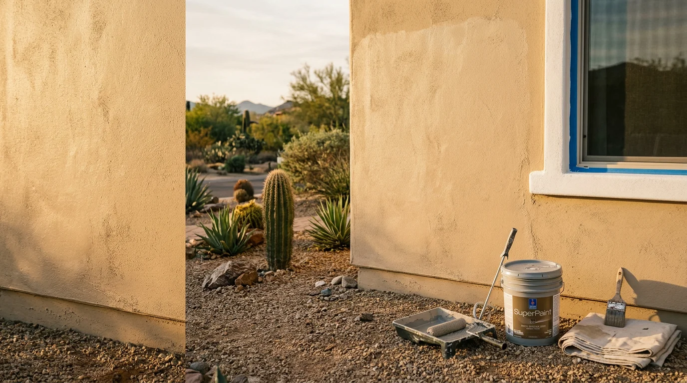 A freshly custom-painted stucco exterior on a Scottsdale, Arizona home showing clean trim lines and an even finish. The warm desert tones complement the surrounding landscape in the Phoenix Valley.