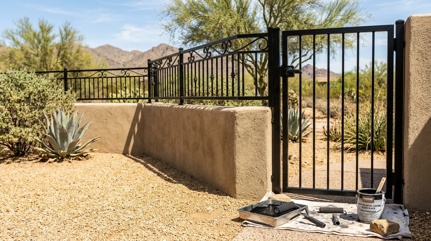 A freshly coated metal gate at a Scottsdale residential property showing a smooth, even direct to metal finish with no rust or peeling. The surrounding desert landscape and bright Arizona sunlight are visible in the background.