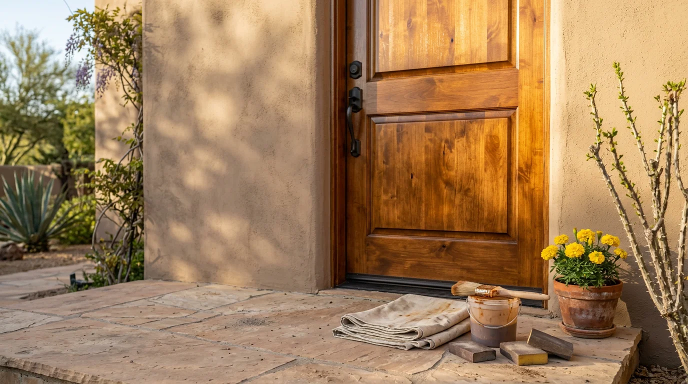 A refinished wood front door on a Scottsdale home showing rich, even stain color and a clean protective finish. The door stands in contrast to the bright Arizona sun and desert landscaping surrounding the entryway.