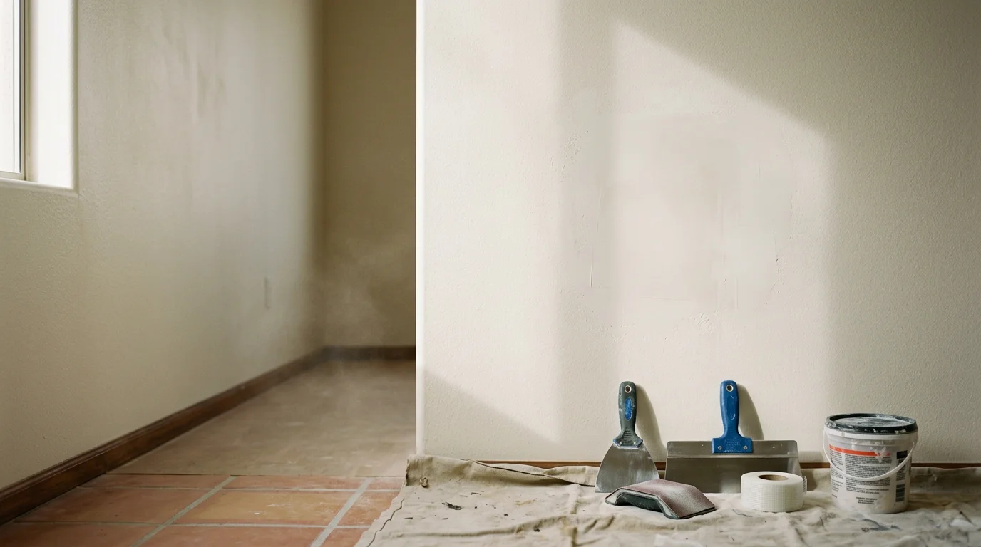 A freshly patched and painted interior wall in a Scottsdale home showing a smooth, texture-matched drywall repair with no visible seams. The repaired section blends evenly with the surrounding wall surface in a bright, desert-style living space.