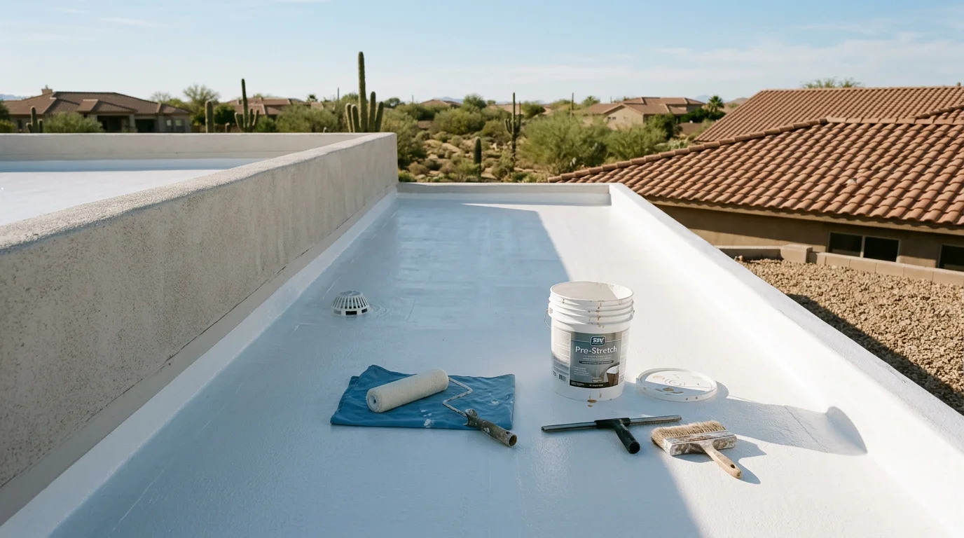 A flat residential roof in Scottsdale, Arizona with a freshly applied white elastomeric coating reflecting the desert sun. The seamless coating covers the full surface of the low-slope roof with surrounding desert landscaping visible below.