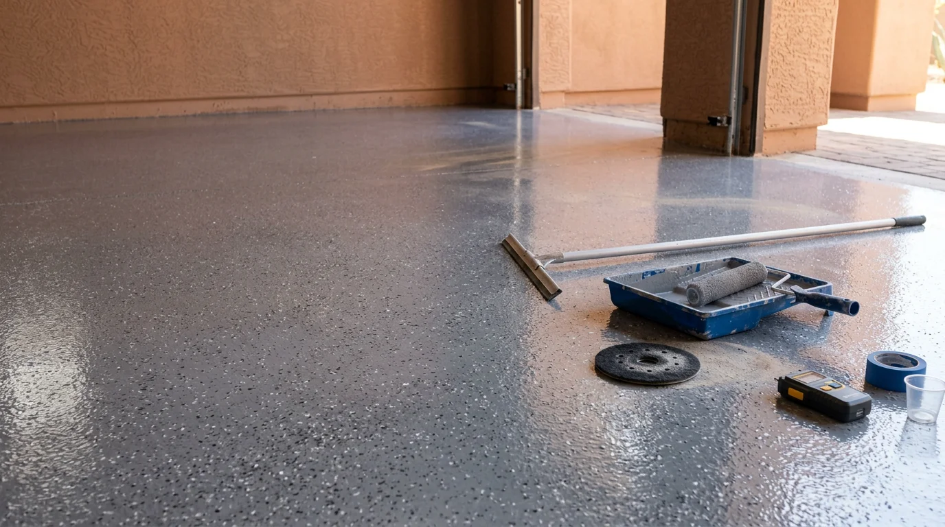 A freshly coated epoxy garage floor in a Scottsdale home, showing a smooth, glossy surface free of stains and bare concrete patches. The sealed slab reflects overhead lighting and shows no visible cracks or discoloration.