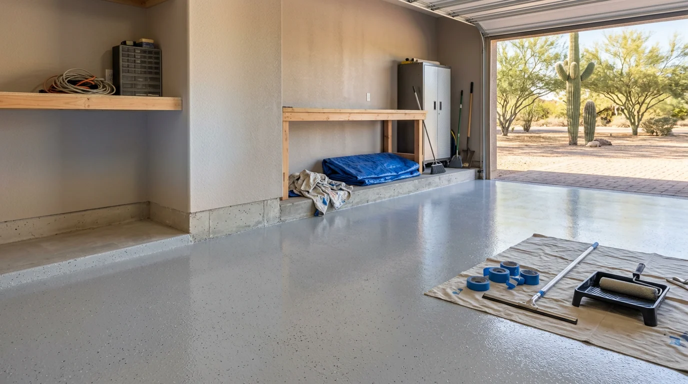Freshly coated epoxy garage floor in a Scottsdale, Arizona home showing a smooth, glossy surface with decorative flake finish. The concrete slab is fully sealed and free of stains, with clean edges along the garage walls.