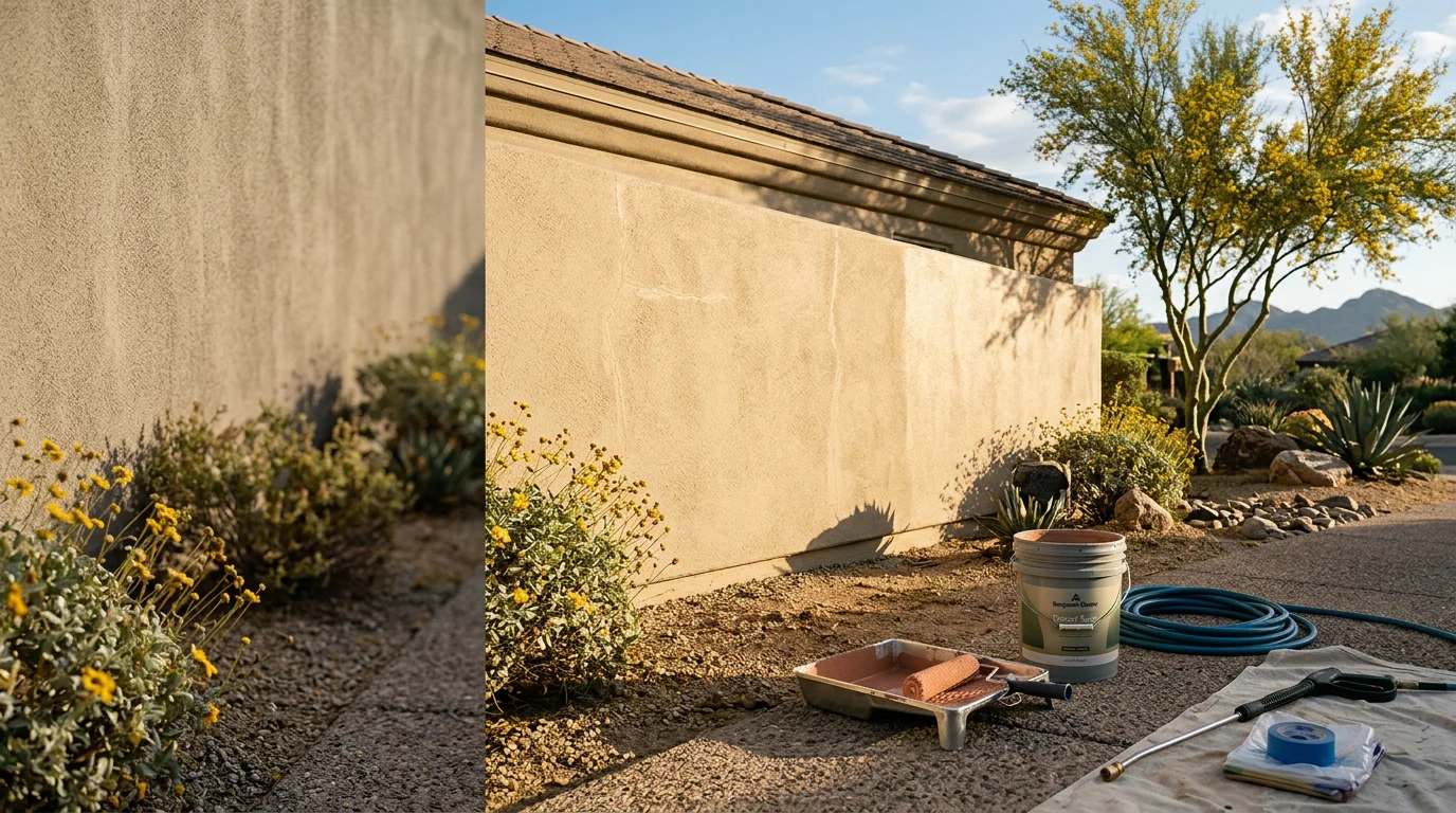 Freshly painted stucco exterior of a single-family home in Scottsdale, Arizona, showing clean trim lines and a smooth desert-toned finish under bright sunlight. The repainted facade reflects the warm, dry conditions typical of the Sonoran Desert climate.
