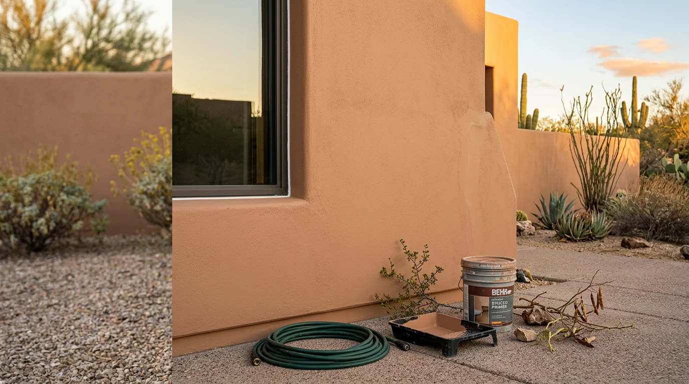 A freshly painted single-story stucco home exterior in Scottsdale, Arizona, with clean trim lines and a warm desert-neutral finish. The home sits under a clear blue sky with desert landscaping in the foreground.