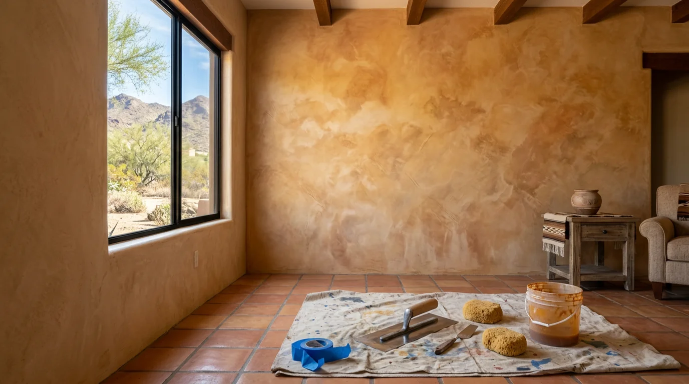 Interior accent wall in a Scottsdale home featuring a hand-applied faux finish with layered texture and warm desert tones. Close detail shows the depth and variation created by a decorative glazing technique on a living room feature wall.