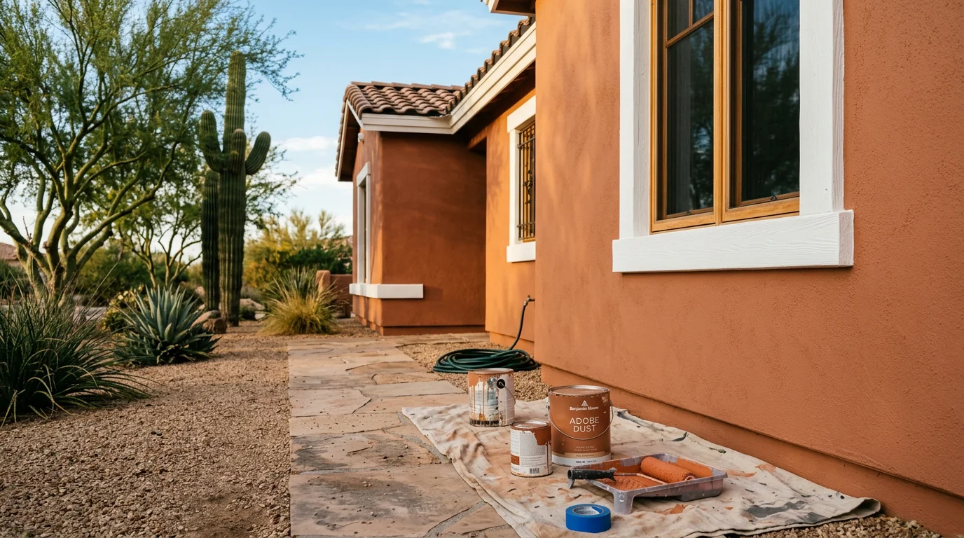 A freshly painted stucco exterior on a Scottsdale, Arizona home showing clean lines and an even finish under bright desert sunlight. The repainted surface reflects the warm tones common to homes across the Phoenix Valley.