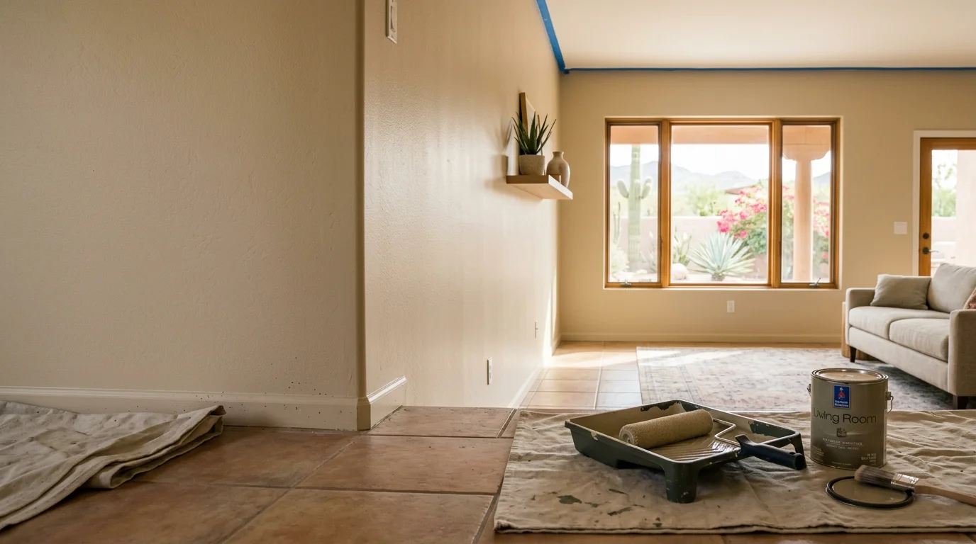 A freshly painted interior living room in a Scottsdale, Arizona home, showing clean wall edges, bright neutral walls, and sharp trim lines. Natural desert light from large windows highlights the smooth, even finish throughout the space.