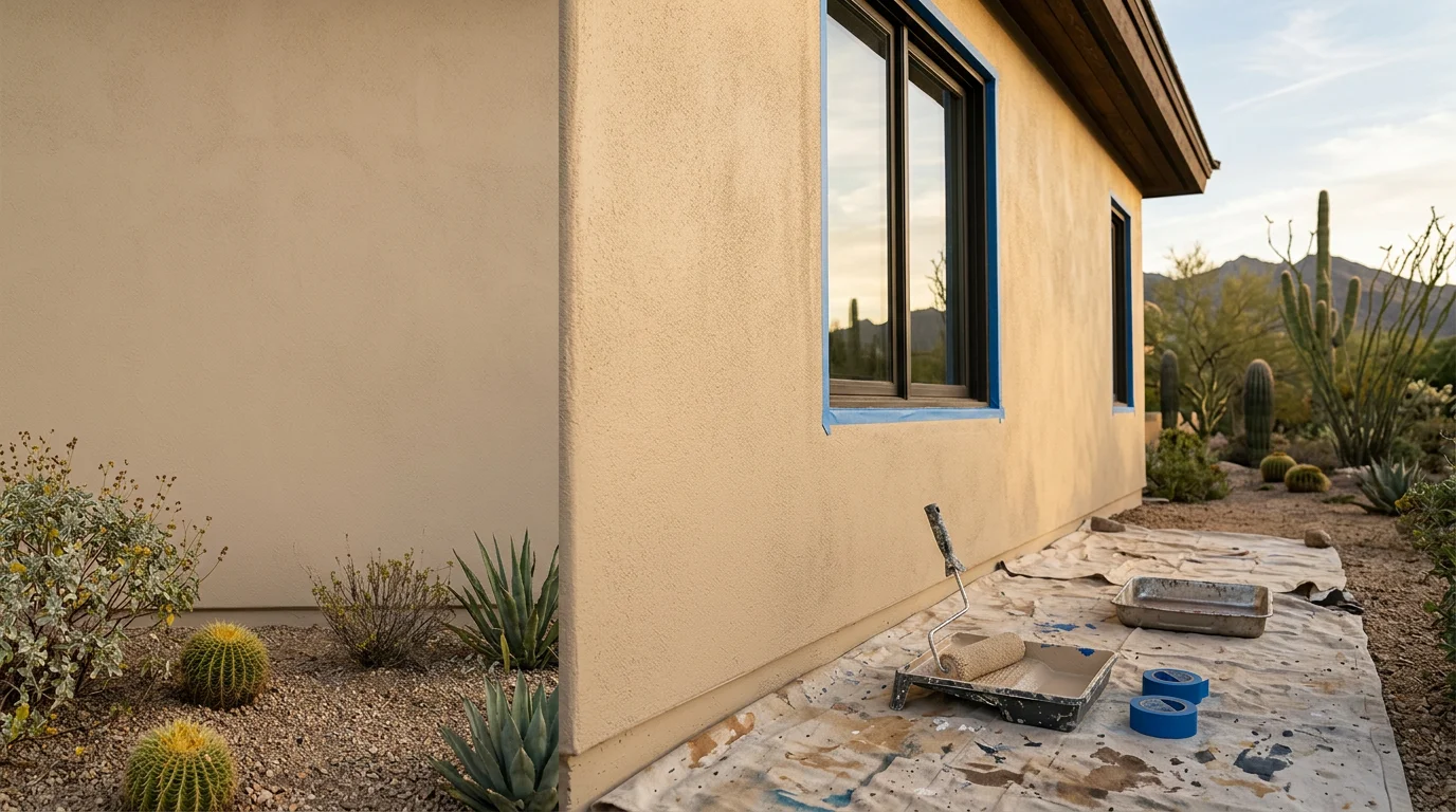 Freshly painted stucco exterior of a single-family home in Scottsdale, Arizona, showing clean lines and an even finish under bright desert sunlight. The repainted facade contrasts with the surrounding desert landscaping and clear blue sky.