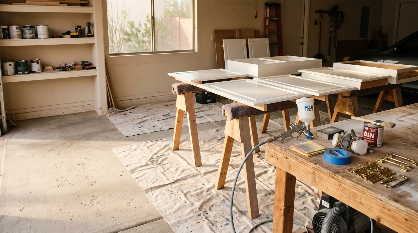 Freshly painted white kitchen cabinets with a smooth spray-applied finish in a Scottsdale, Arizona home. Cabinet doors and drawer fronts show an even, factory-style coat with no brush marks, set against warm desert-toned countertops.