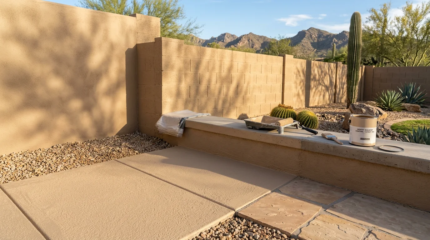 A freshly painted cement patio surface outside a Scottsdale, Arizona home, showing a smooth, even finish in a warm neutral tone. The painted cement extends from the back of the house toward a desert-landscaped yard under bright Arizona sunlight.
