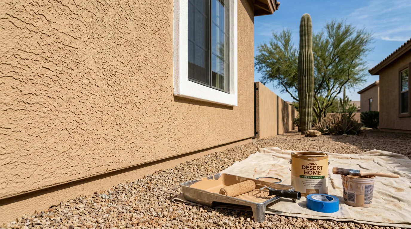 A freshly painted stucco exterior on a residential home in Scottsdale, Arizona, showing clean lines and an earth-tone finish suited to the desert landscape. A painting contractor applies a final coat to the sun-facing wall of the property.